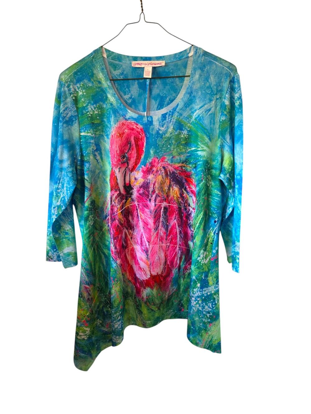 Leoma Lovegrove Womens Flamingo Print 3/4 Sleeves Tunic Size XL Green Pink